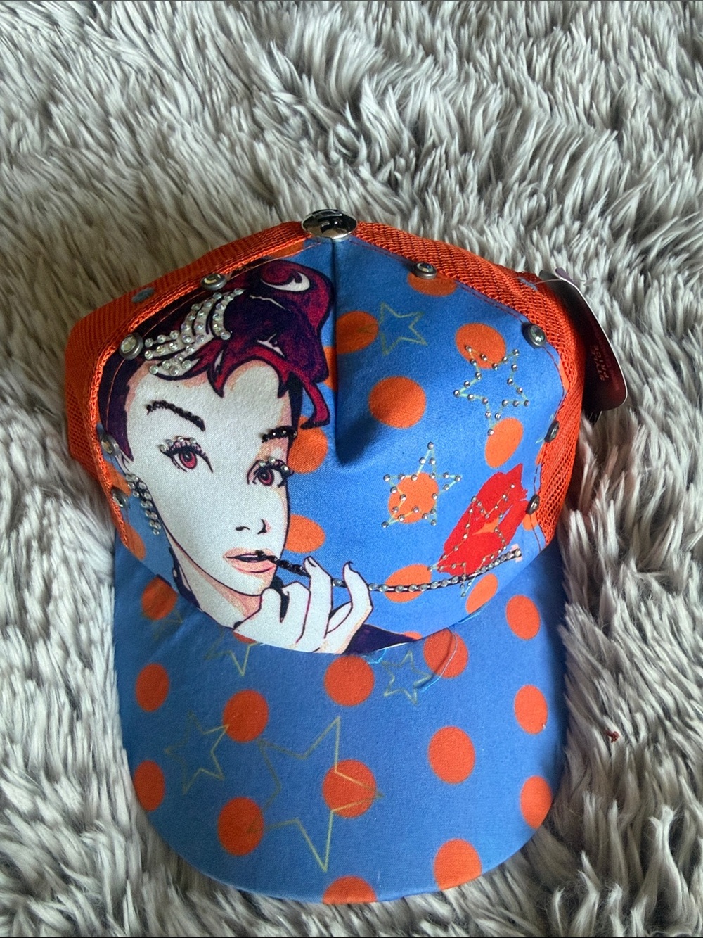 Blue & Orange Polka Dot Graphic Baseball Cap with Rhinestone Detail